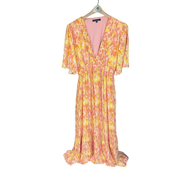 FORE Abstract Print Maxi Dress Orange Yellow Cutout Back Tiered Skirt L boho - Picture 1 of 8